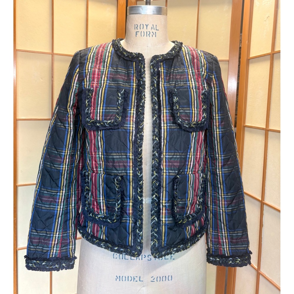 J.Crew Plaid Quilted Jacket Tartan Lady Jacket Navy Braided Trim